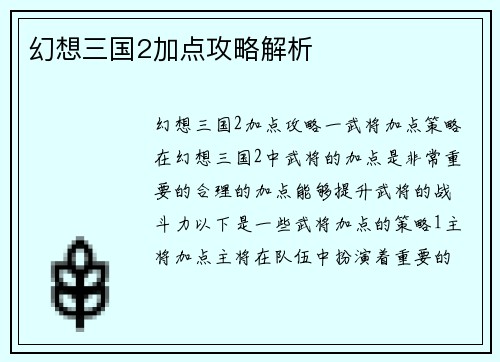 幻想三国2加点攻略解析
