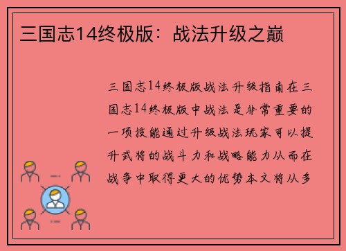 三国志14终极版：战法升级之巅