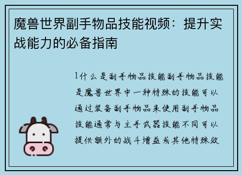魔兽世界副手物品技能视频：提升实战能力的必备指南