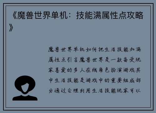 《魔兽世界单机：技能满属性点攻略》