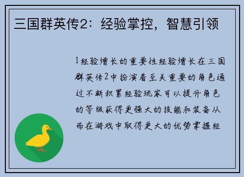 三国群英传2：经验掌控，智慧引领